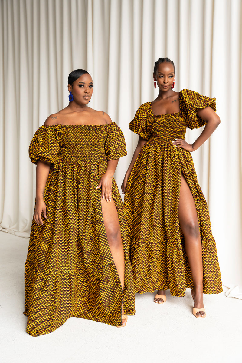 AGBANI Smocked Puffy Sleeve African print maxi dress