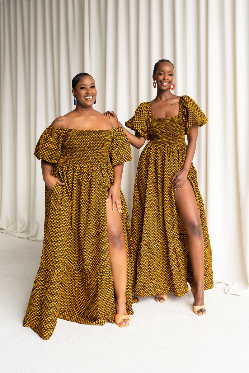 AGBANI Smocked Puffy Sleeve African print maxi dress