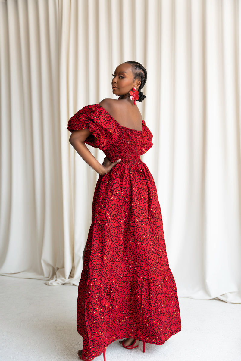 TOLA Smocked Puffy Sleeve African print maxi dress