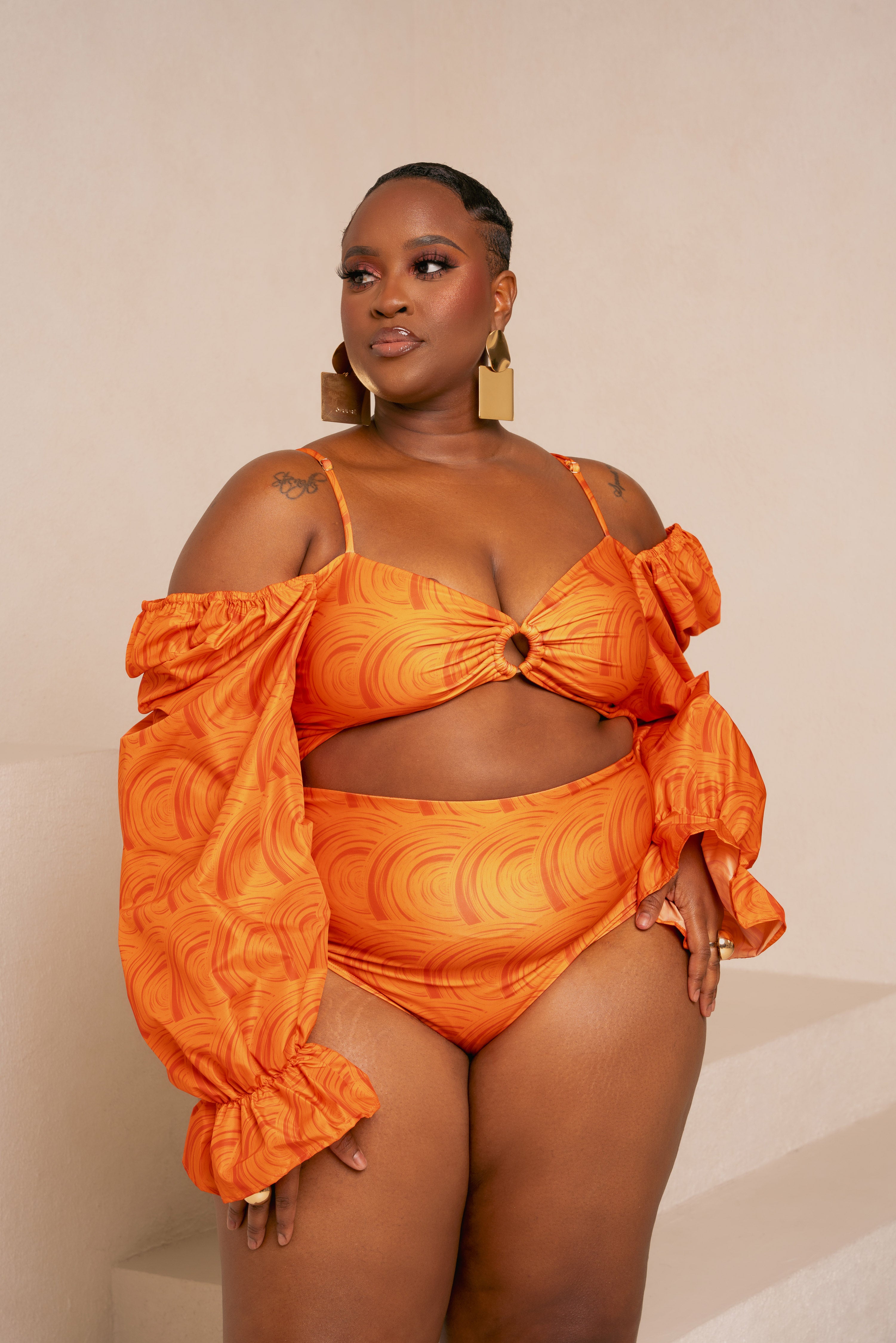 IZA ORANGE OFF SHOULDER PUFFY SLEEVE SWIMSUIT – OFUURE