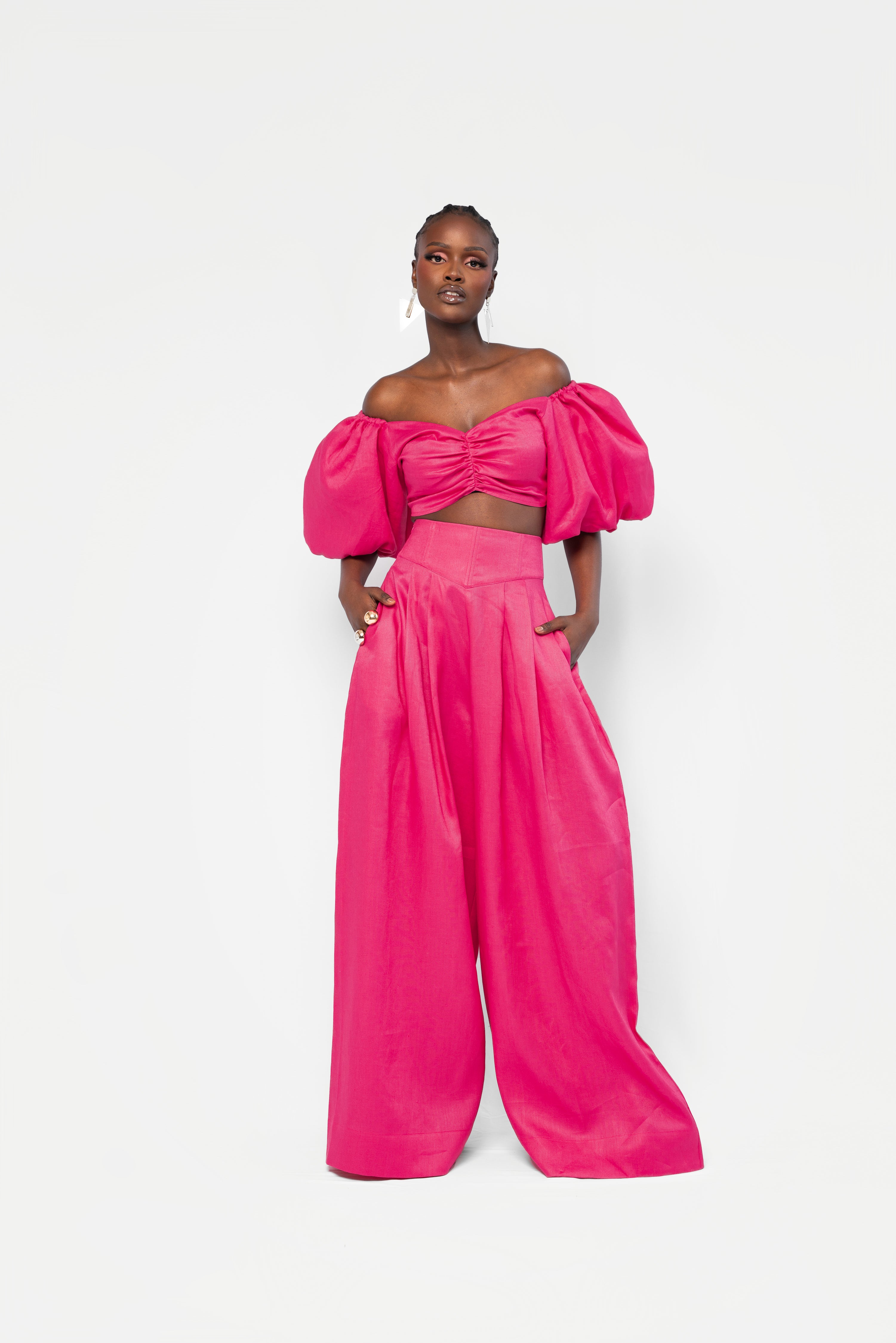 Linen SKYE Puffy Sleeve Crop Top in Pink – OFUURE