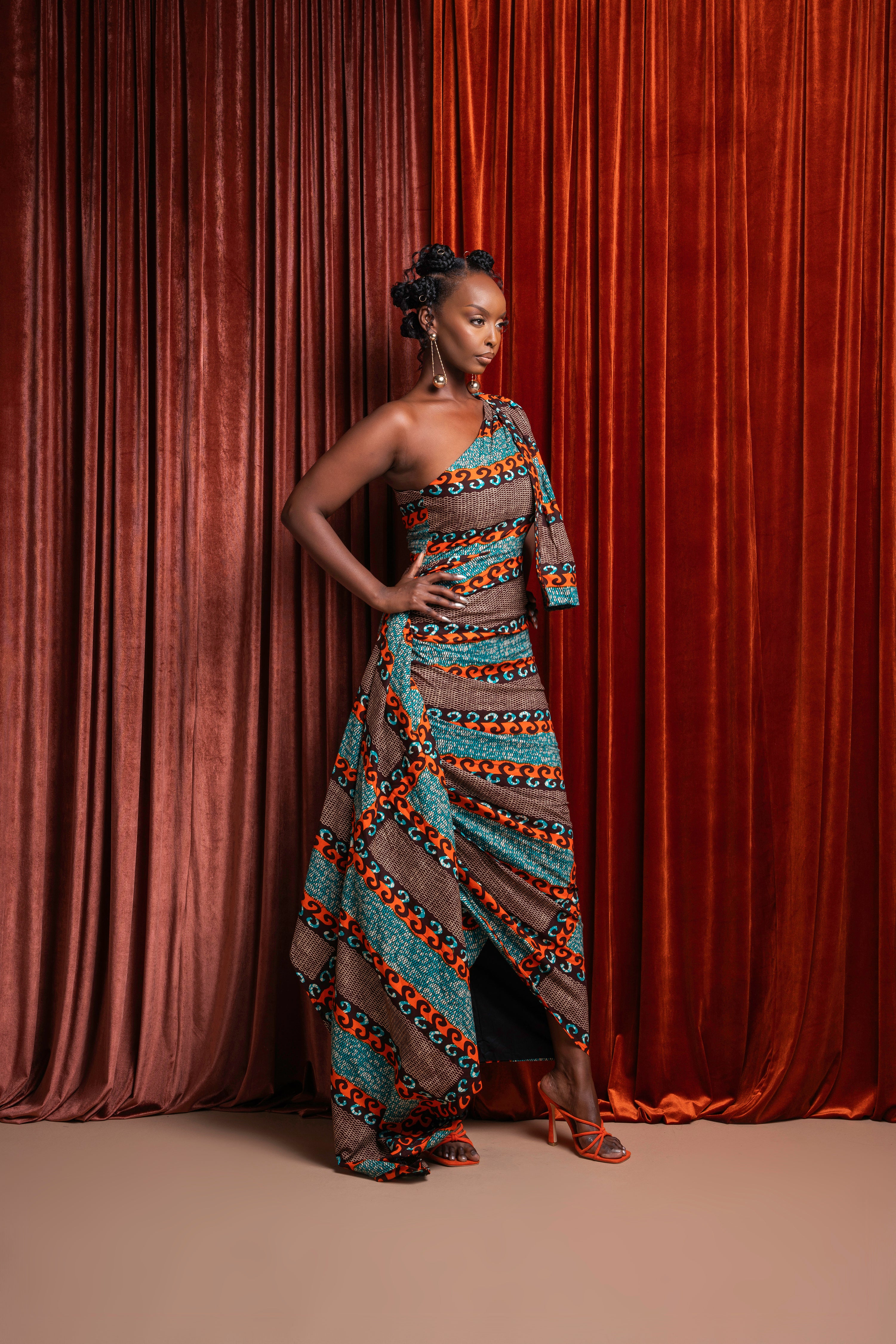 NNEKA African Print One Sleeve Drape Maxi Dress