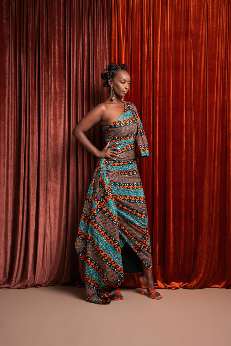 NNEKA African Print One Sleeve Drape Maxi Dress – OFUURE