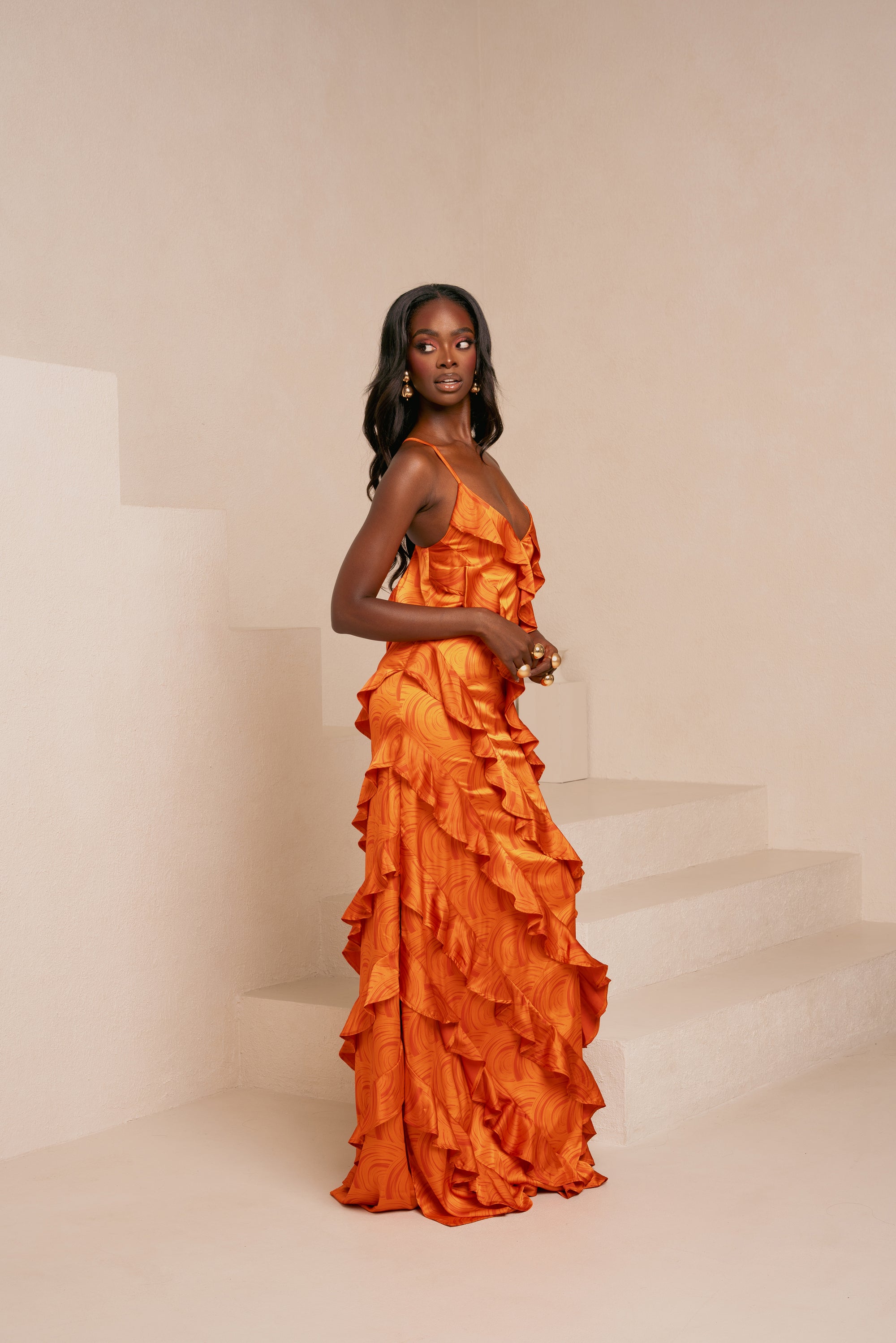 IZA Orange Ruffle Maxi Dress – OFUURE
