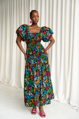 OLA African print smocked body maxi dress