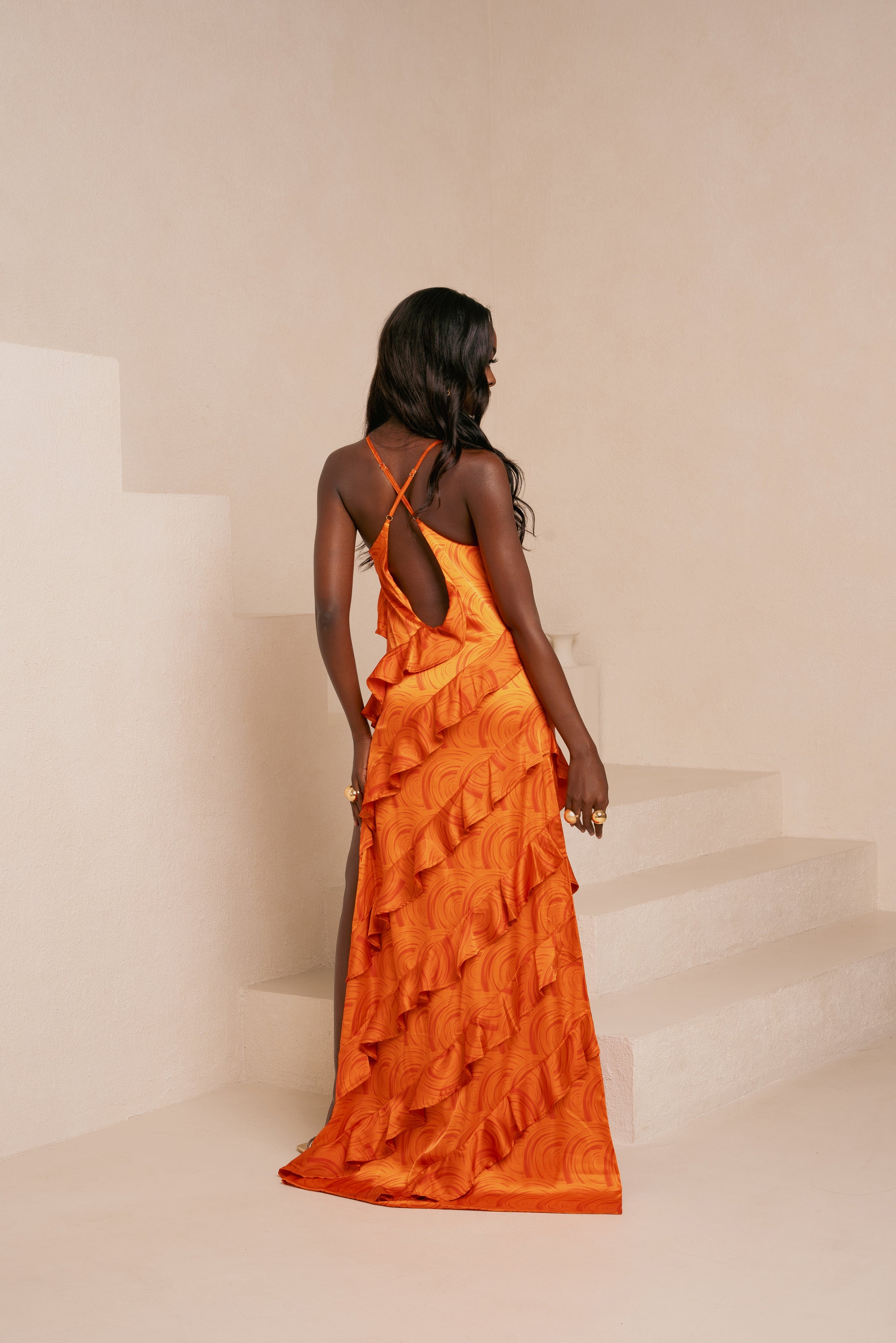 IZA ORANGE RUFFLE MAXI DRESS OFUURE IZA ORANGE RUFFLE MAXI DRESS OFUURE