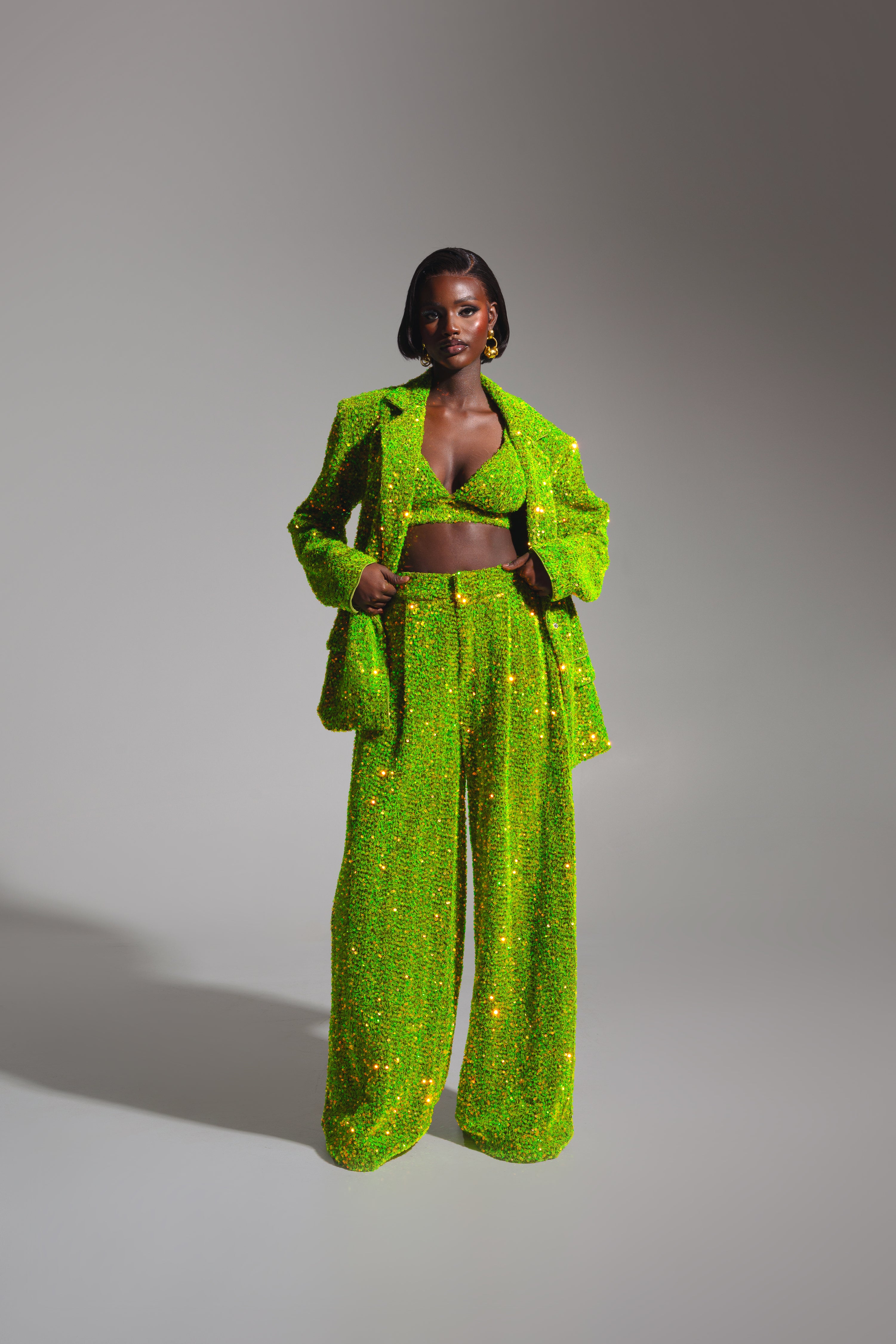 LIZA Sequin Pants in OLIVINE – OFUURE LIZA Sequin Pants in OLIVINE – OFUURE