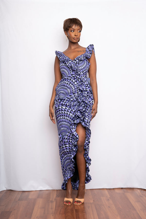 LIRA African Print Ruffle Maxi Dress-sample sale