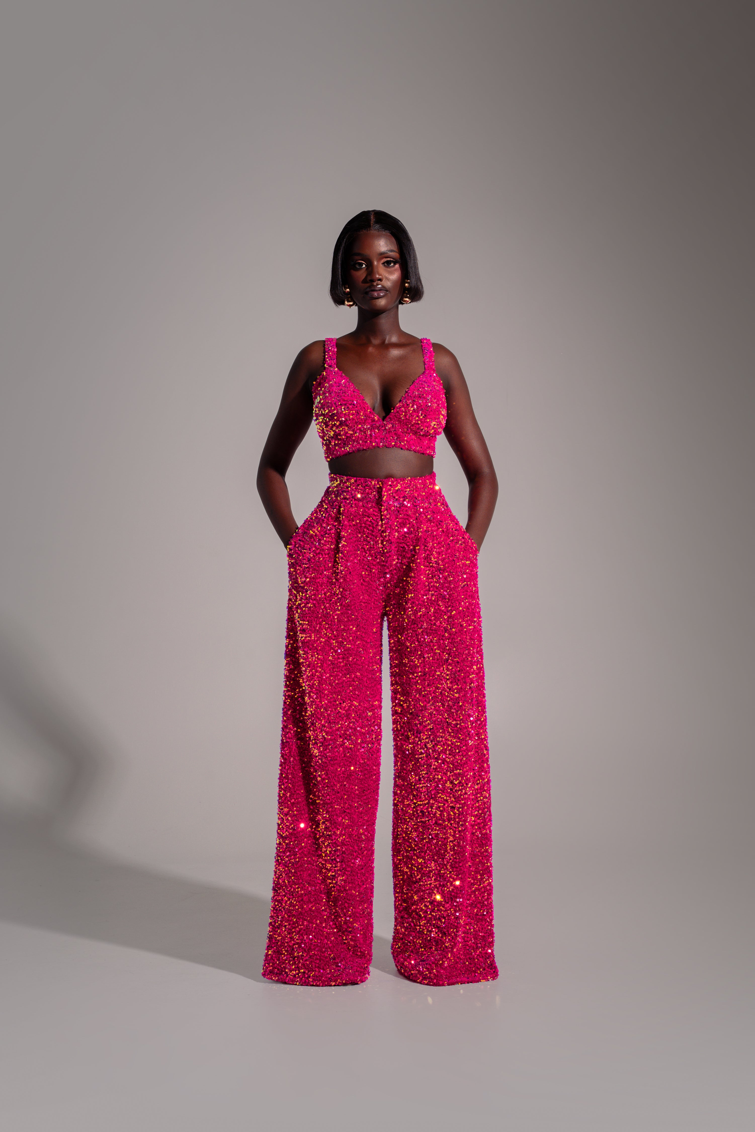 LIZA Sequin Bra Top in Pink Spinel – OFUURE LIZA Sequin Bra Top in Pink Spinel – OFUURE