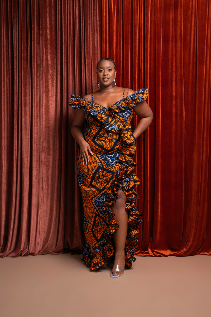 ZEZE Off shoulder Ruffle African Print Maxi Dress