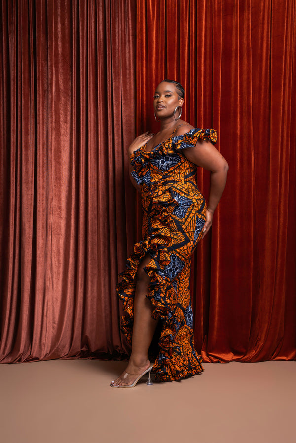 ZEZE Off shoulder Ruffle African Print Maxi Dress