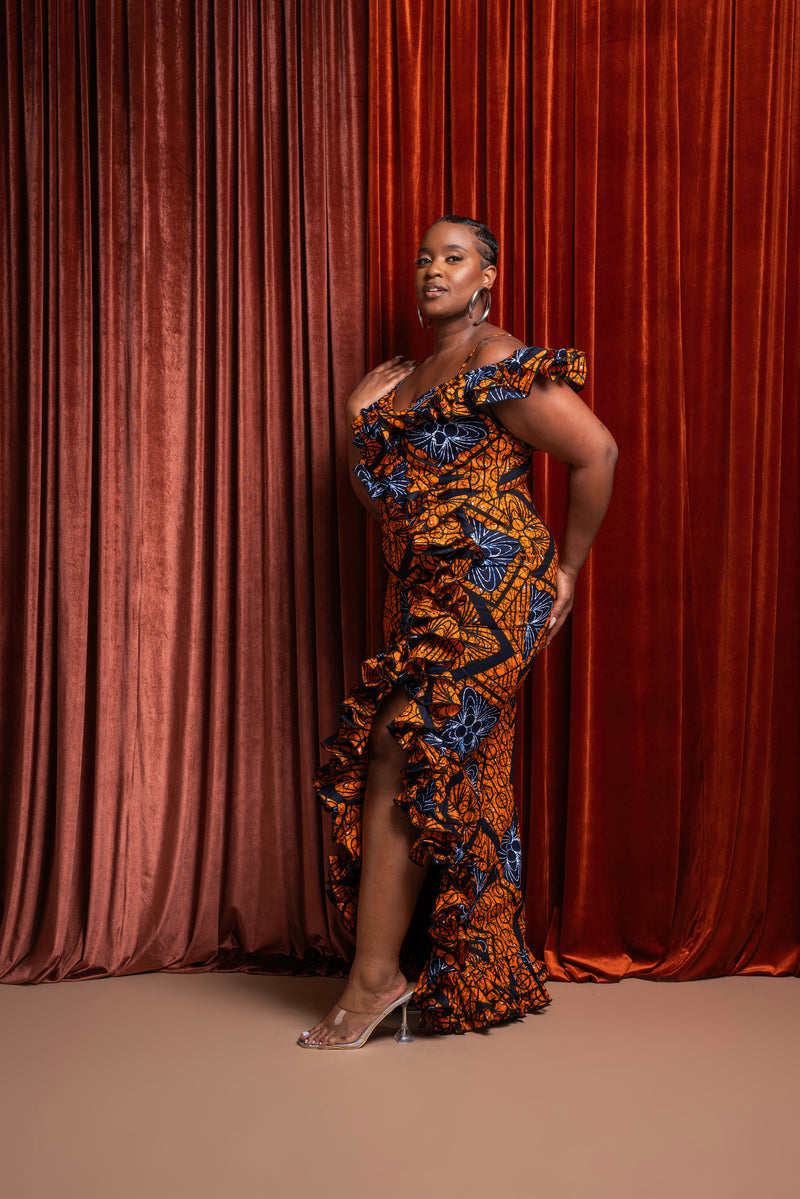 ZEZE Off shoulder Ruffle African Print Maxi Dress
