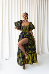 OGE Smocked Puffy Sleeve African print maxi dress