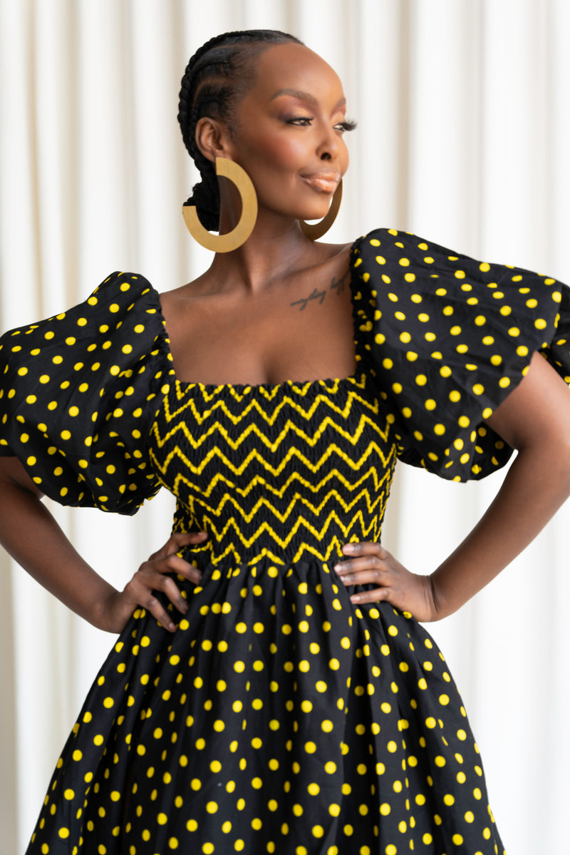 OGE Smocked Puffy Sleeve African print maxi dress