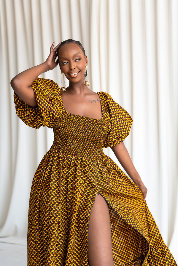 AGBANI Smocked Puffy Sleeve African print maxi dress