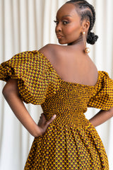 AGBANI Smocked Puffy Sleeve African print maxi dress