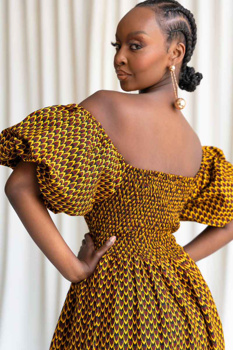 AGBANI Smocked Puffy Sleeve African print maxi dress