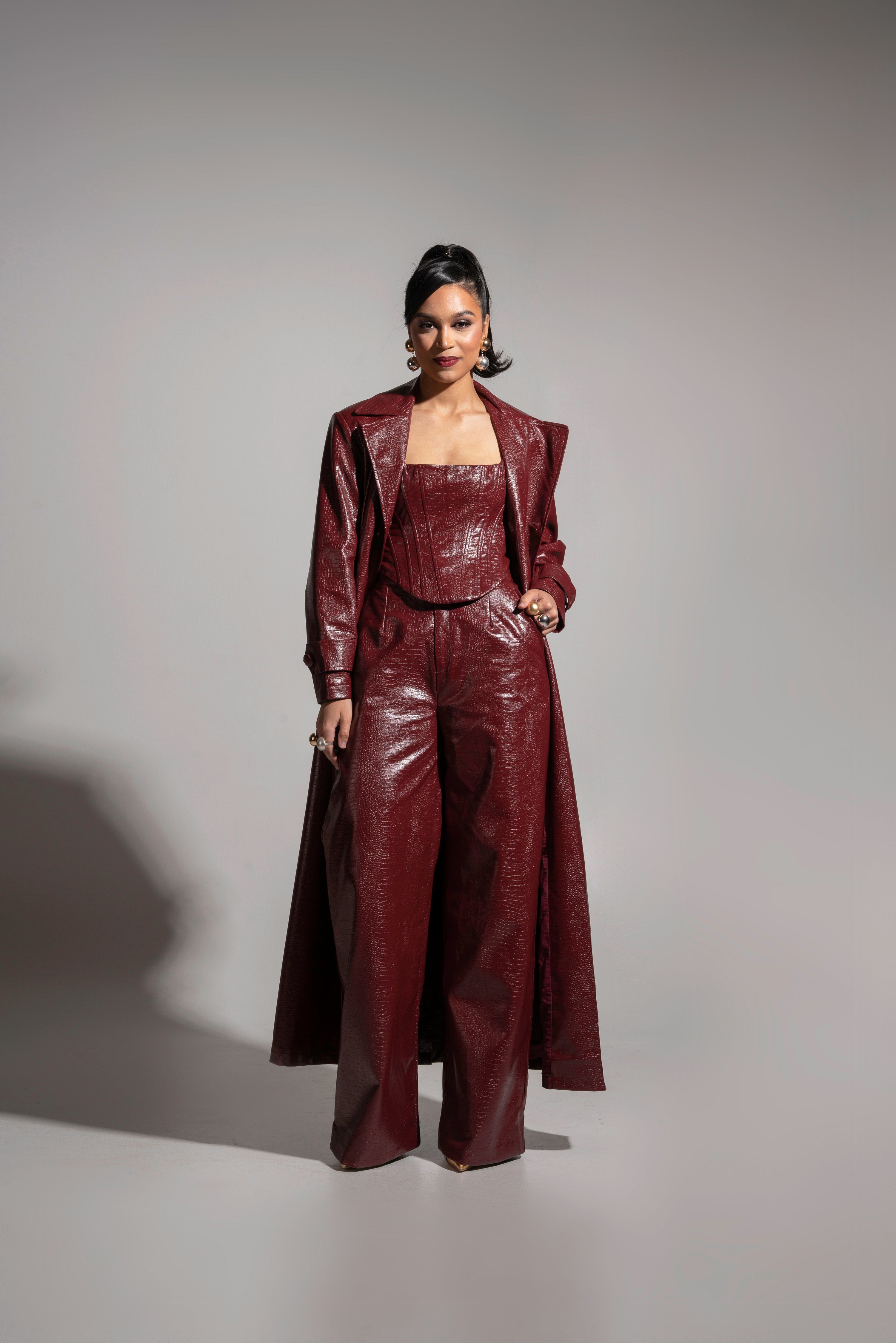 ONO Faux Leather Trench jacket in Burgundy – OFUURE