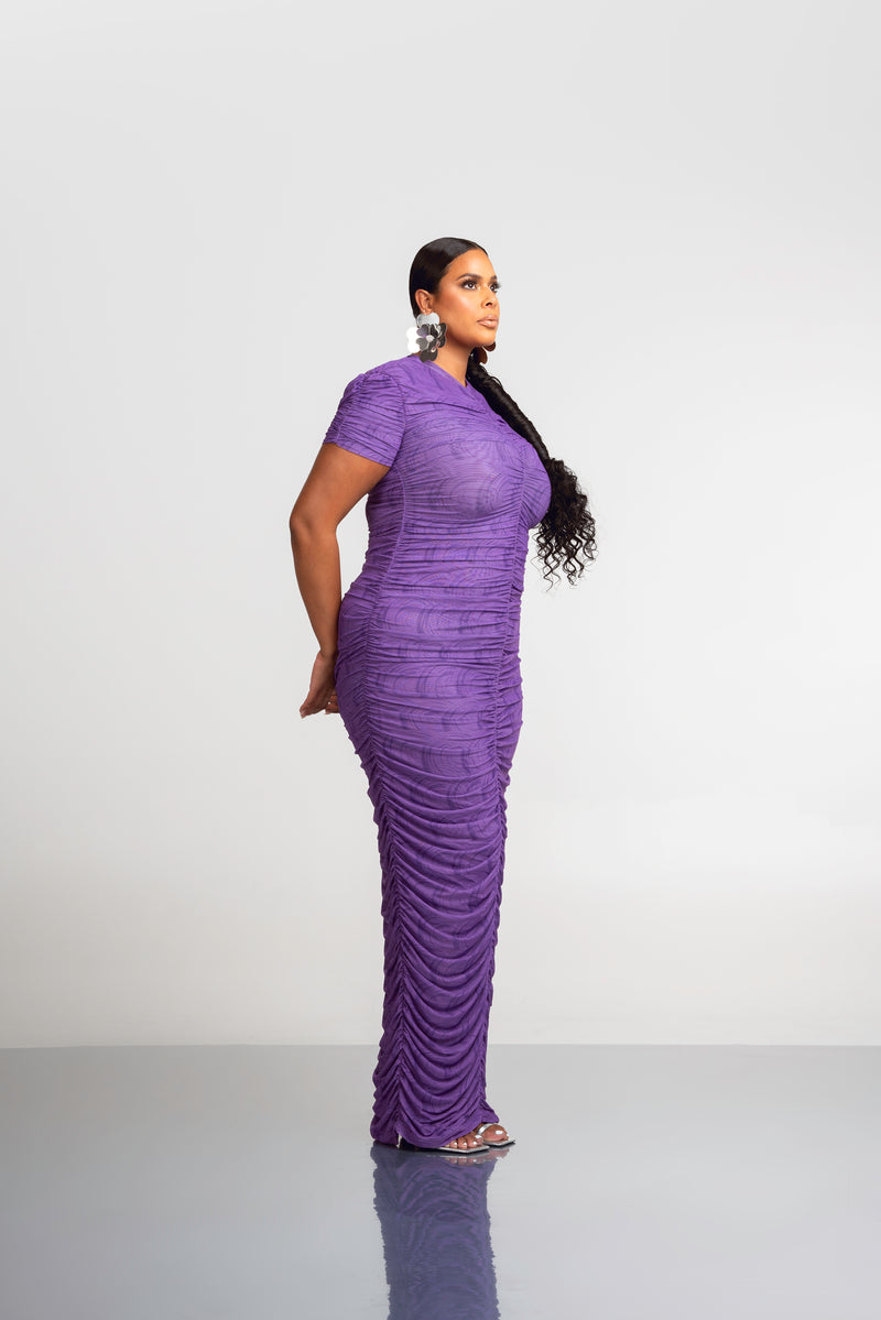 IZA RUCHED MAXI MESH DRESS
