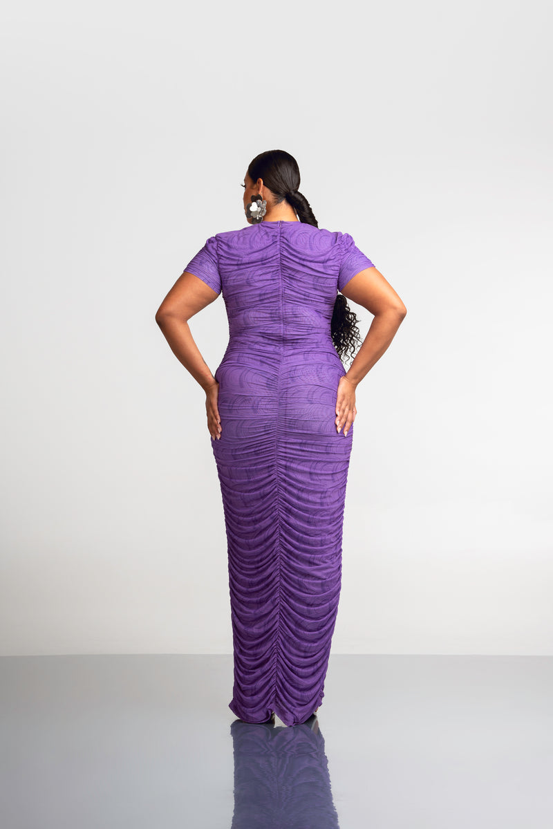 IZA RUCHED MAXI MESH DRESS