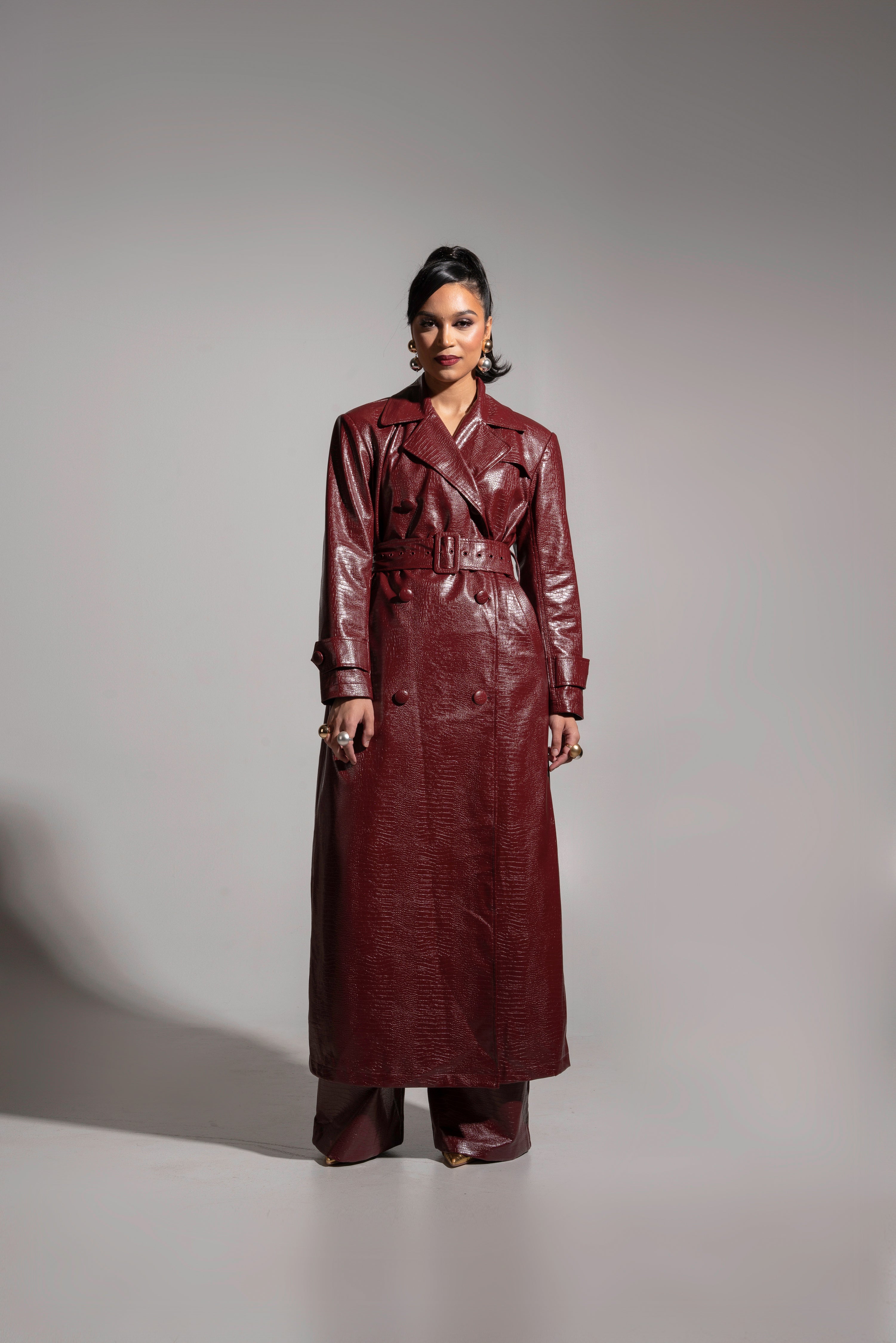 ONO Faux Leather Trench jacket in Burgundy – OFUURE