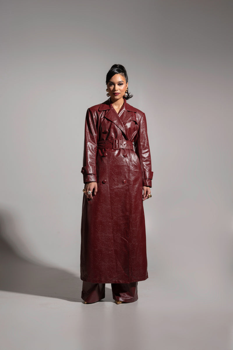 ONO Faux Leather Trench jacket in Burgundy