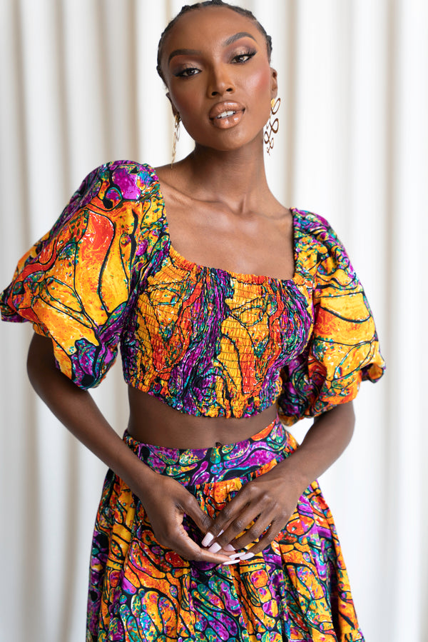 LISA Smocked Puffy Sleeve African Print Crop Top