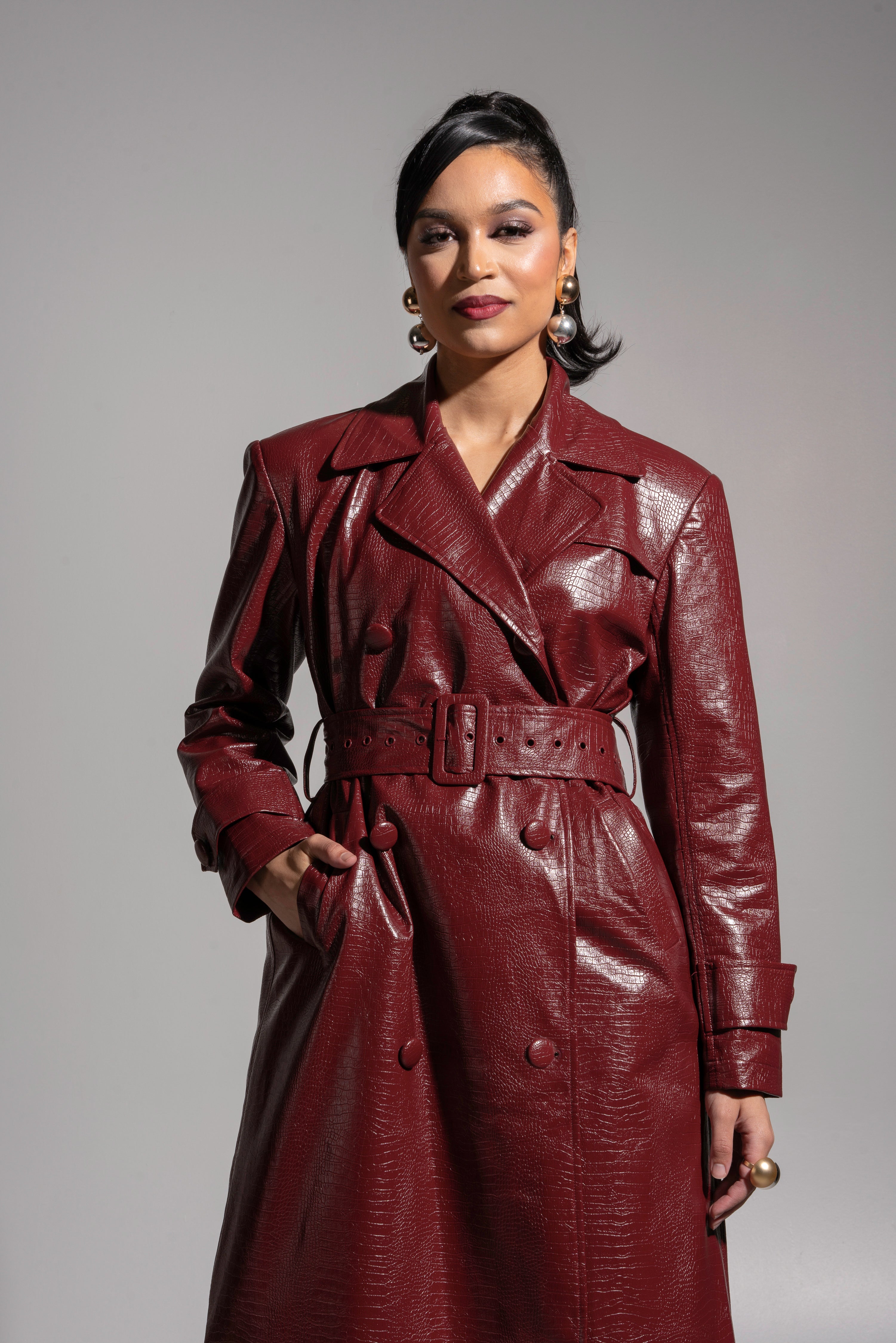 ONO Faux Leather Trench jacket in Burgundy – OFUURE