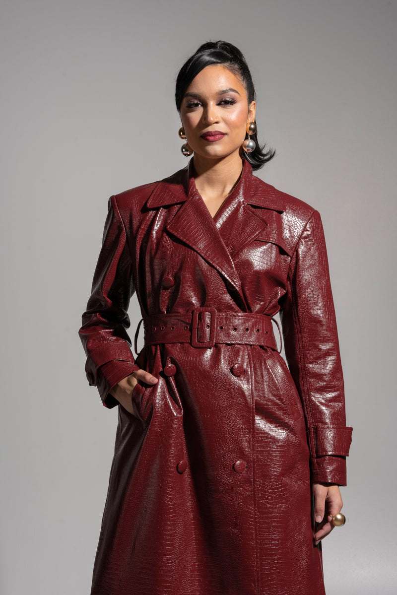 Burgundy leather trench coat hotsell