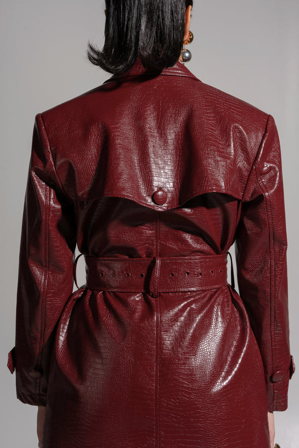 ONO Faux Leather Trench jacket in Burgundy