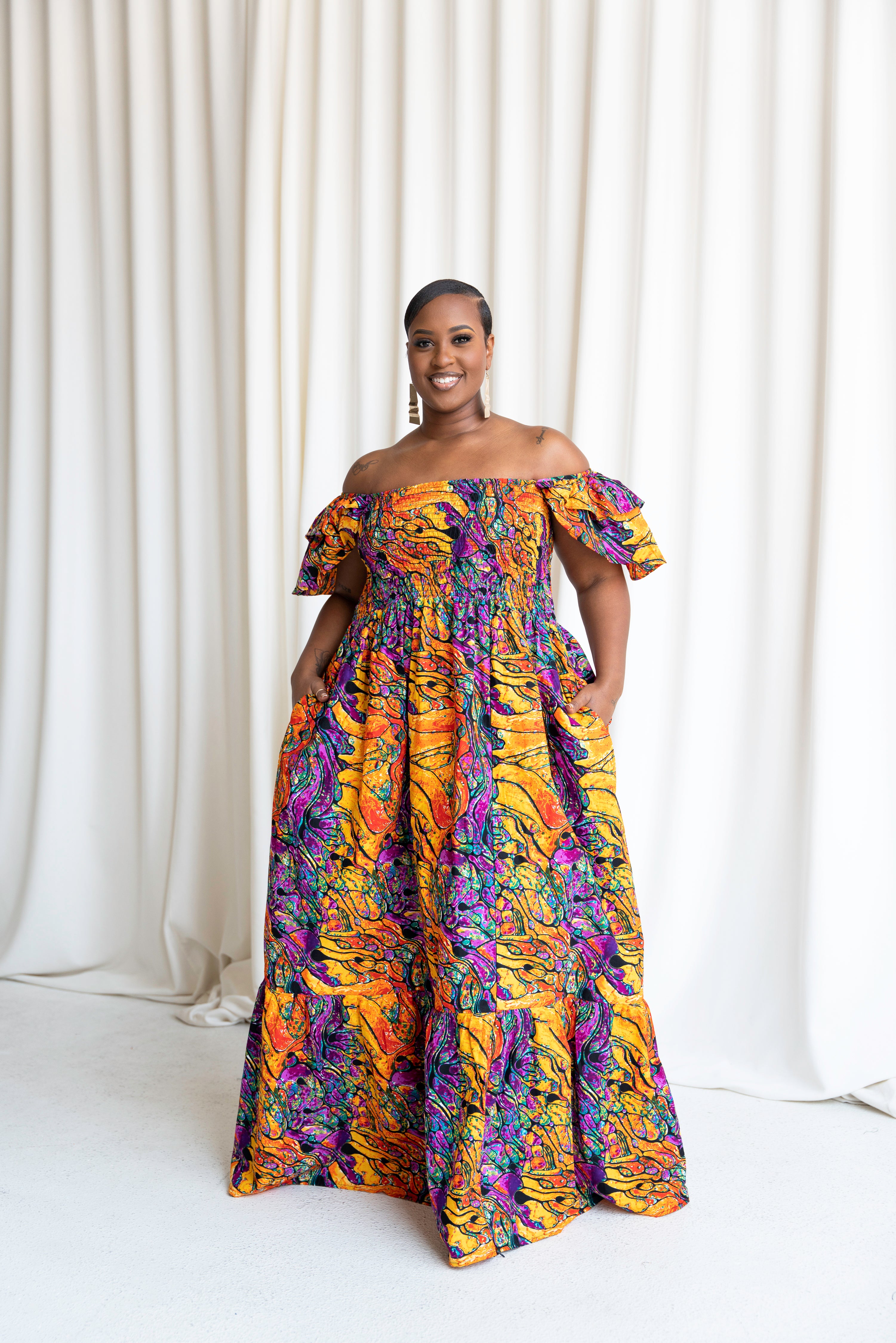 LISA Smocked Ruffle Sleeve African print maxi dress
