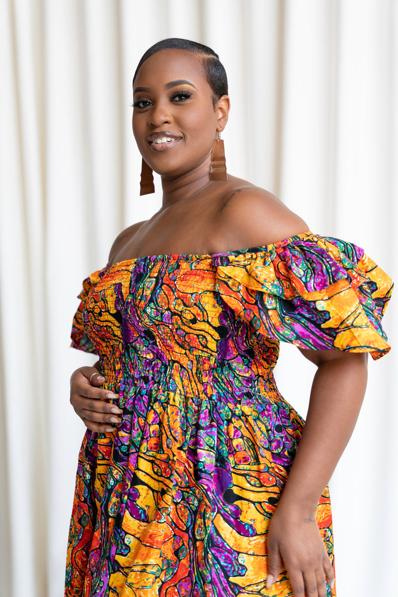 LISA Smocked Ruffle Sleeve African print maxi dress