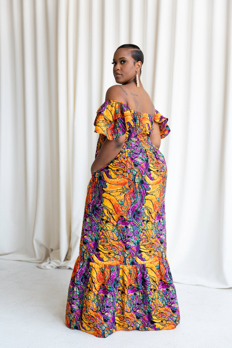 LISA Smocked Ruffle Sleeve African print maxi dress