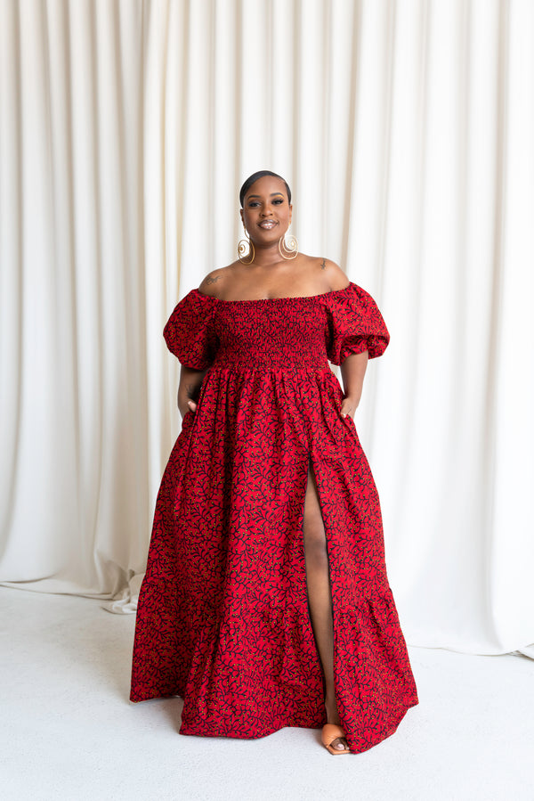 TOLA Smocked Puffy Sleeve African print maxi dress