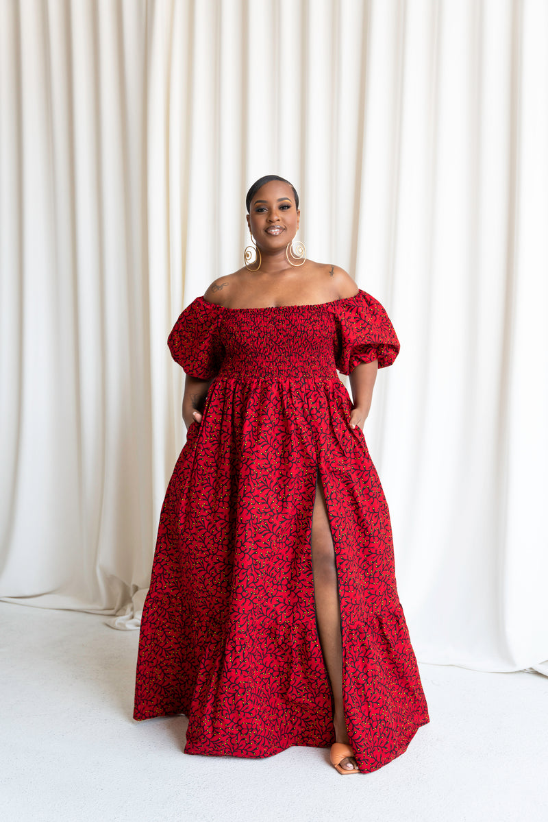 TOLA Smocked Puffy Sleeve African print maxi dress