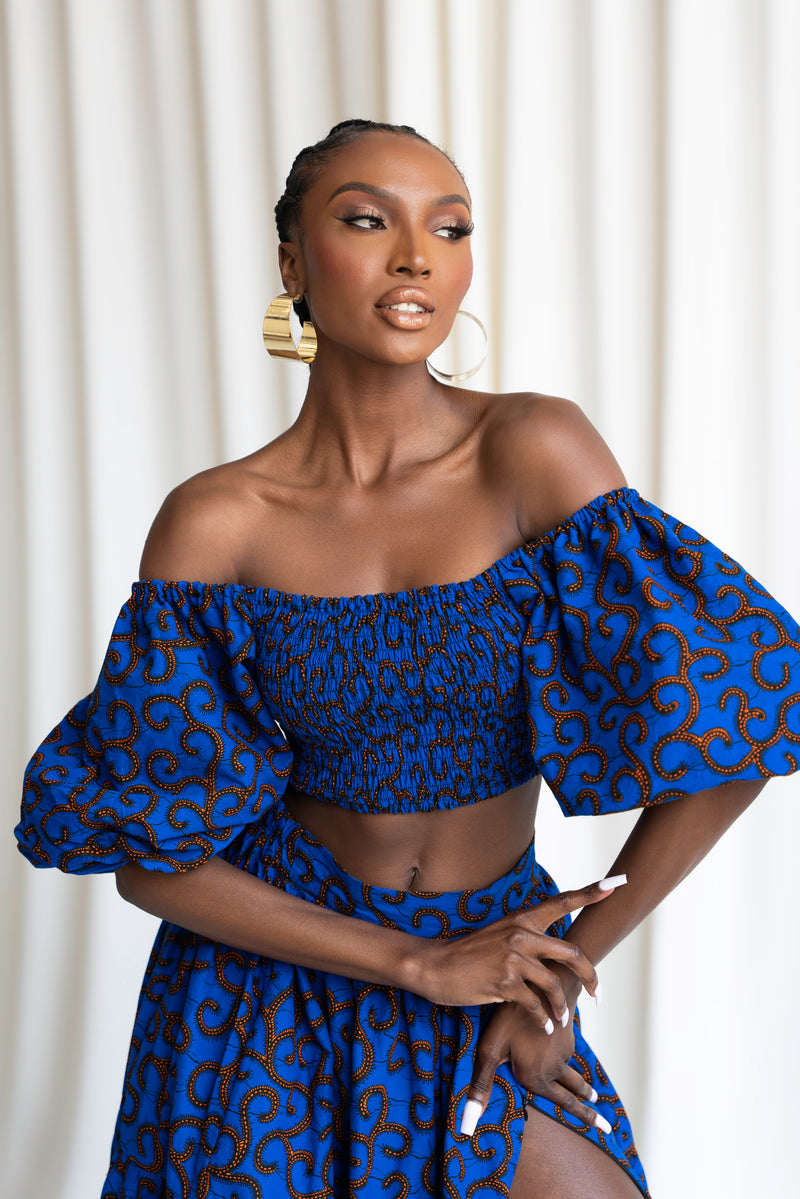 LOLO Smocked Puffy Sleeve African Print Crop Top