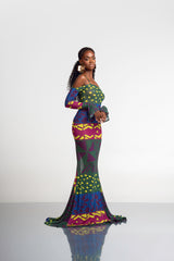 ANU GREEN OFF SHOULDER MAXI MESH DRESS