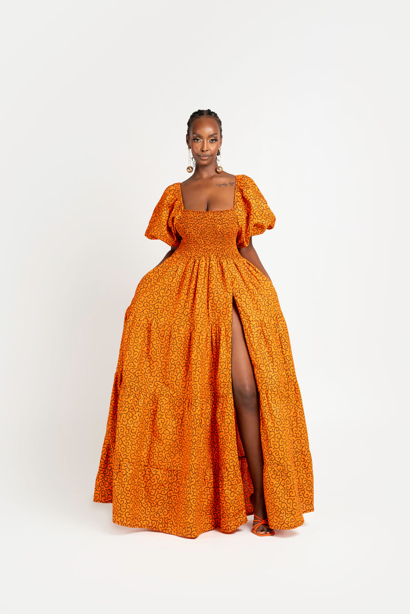 OBI African print smocked maxi dress (PUFFY SLEEVE)