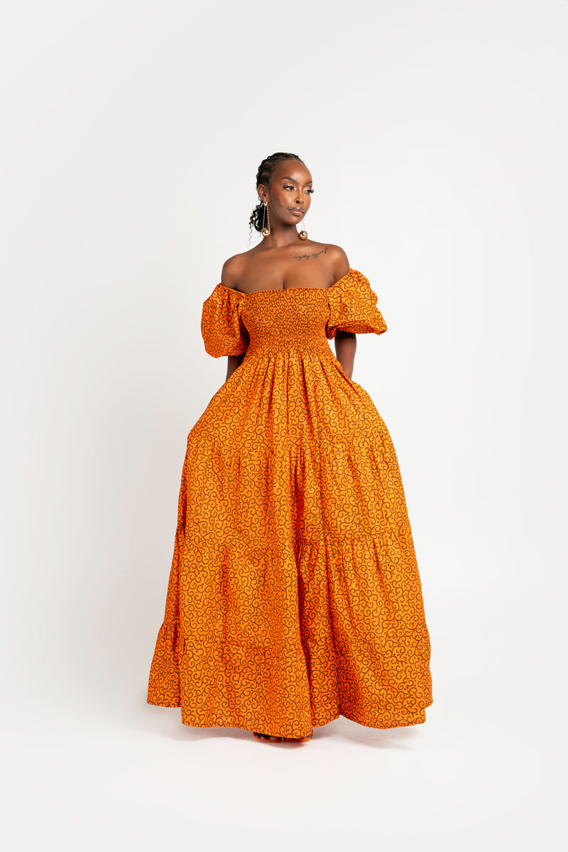OBI African print smocked maxi dress (PUFFY SLEEVE)