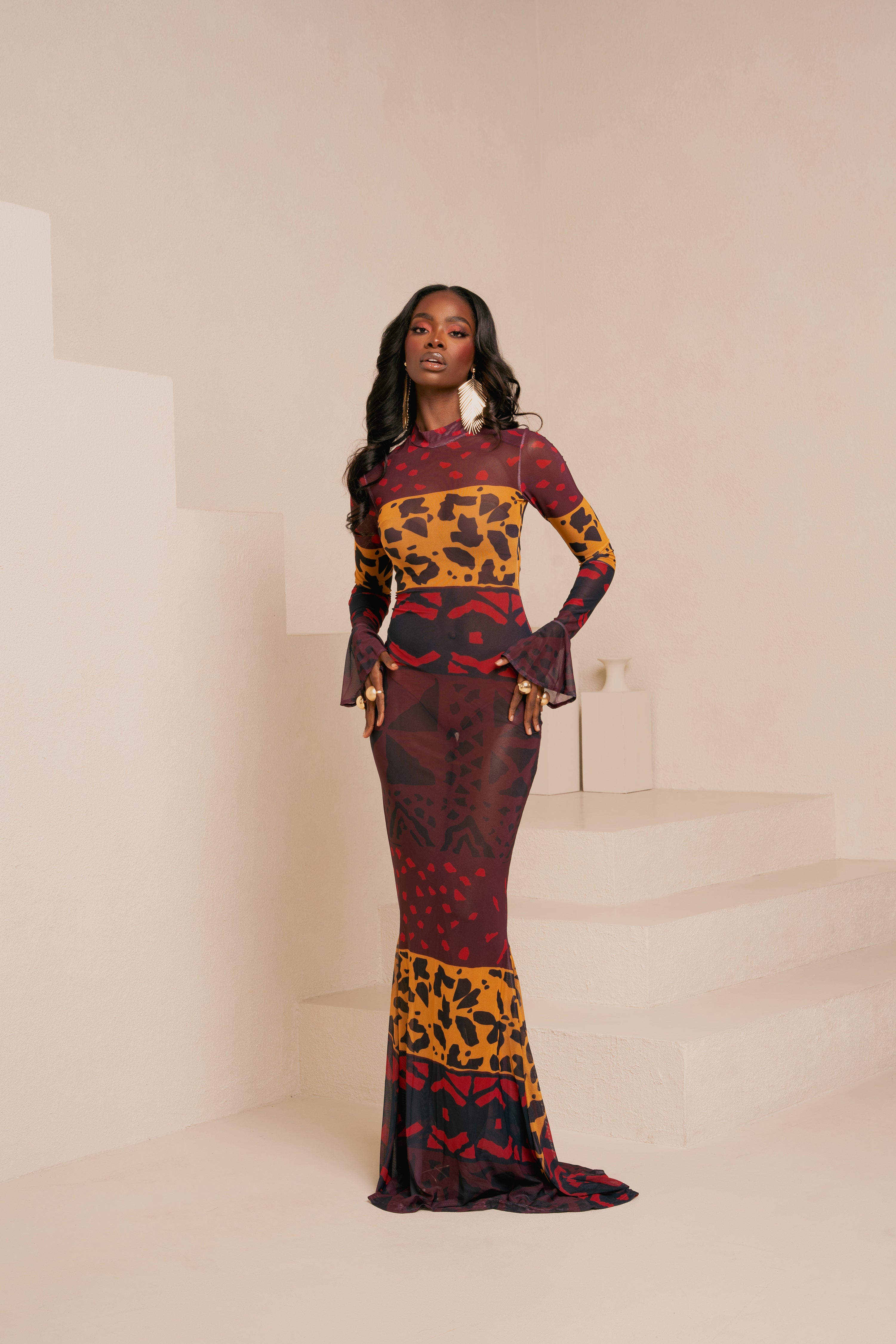 ANU RED LONG SLEEVE MAXI MESH DRESS – OFUURE