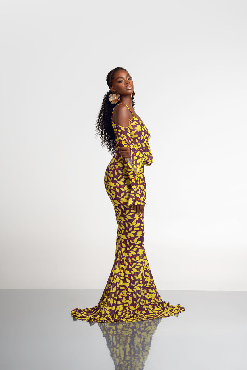 SAKI OFF SHOULDER MAXI MESH DRESS