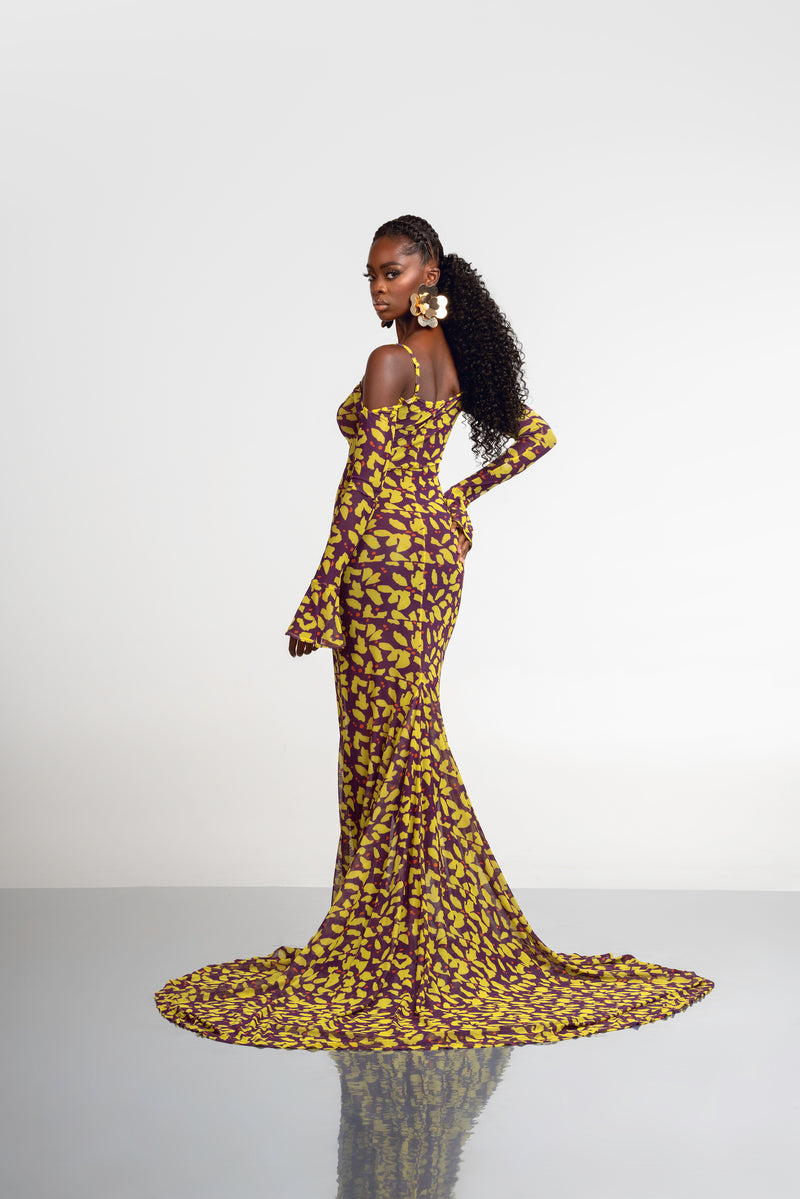 SAKI OFF SHOULDER MAXI MESH DRESS (TRAIN)