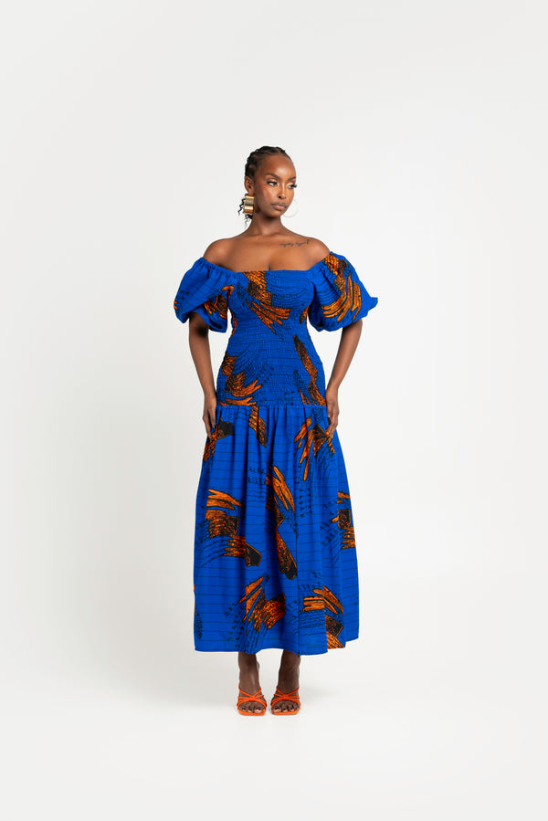 TORI African print smocked body maxi dress