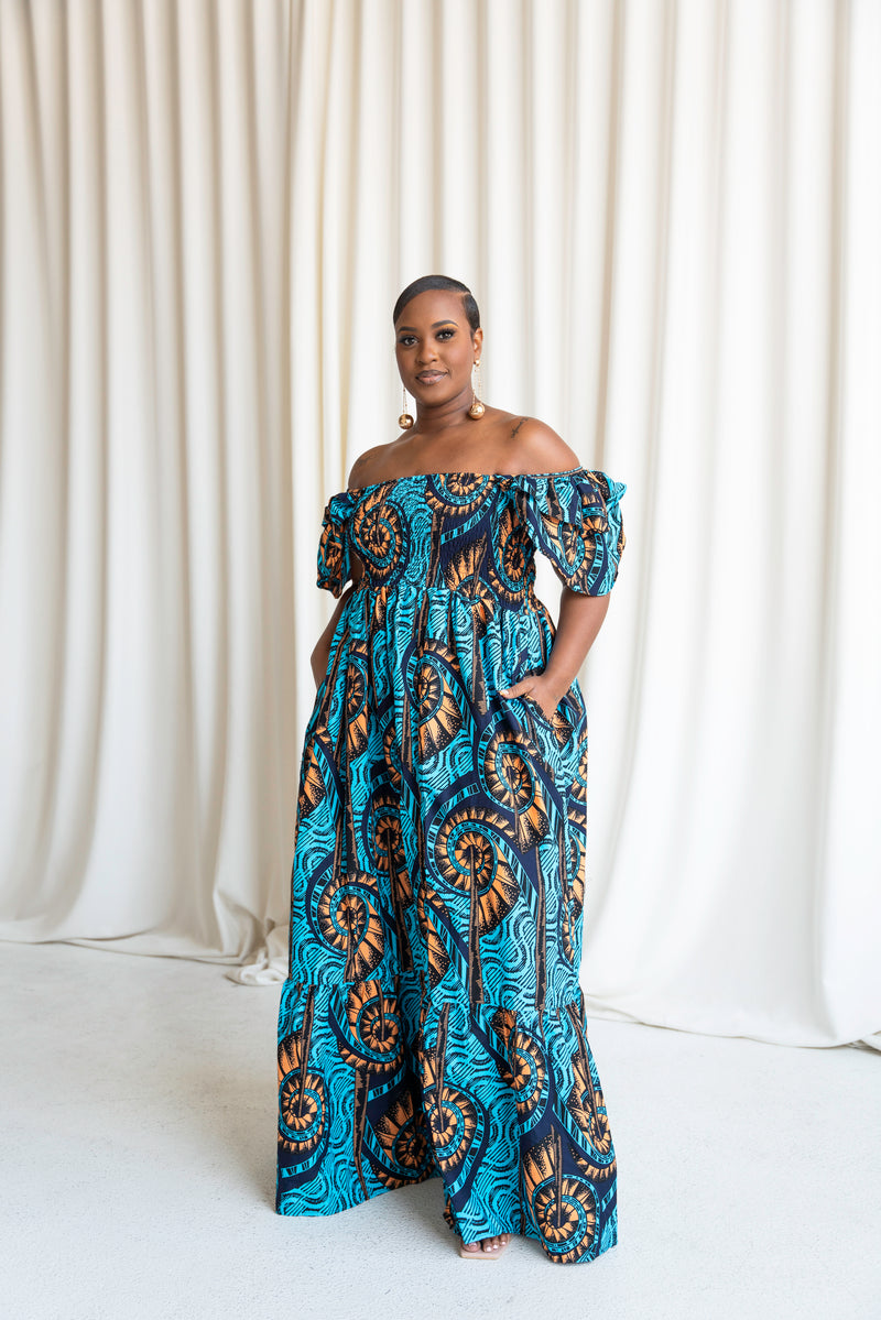 BISI Smocked Ruffle Sleeve African print maxi dress