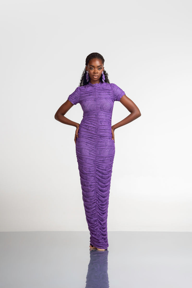 IZA RUCHED MAXI MESH DRESS