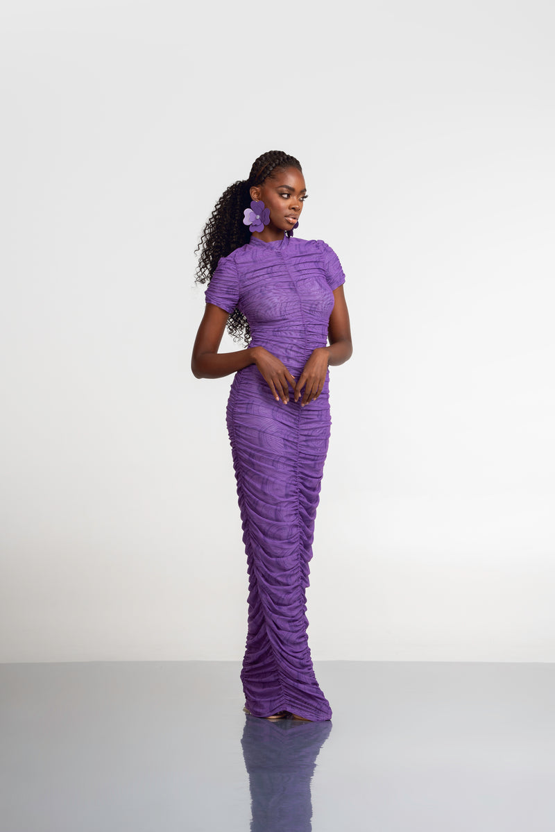 IZA RUCHED MAXI MESH DRESS