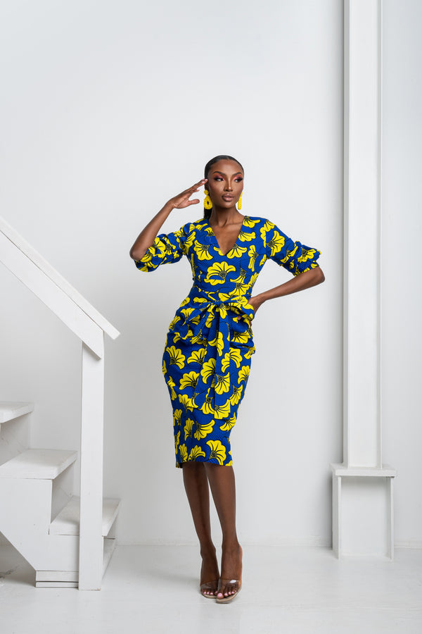 OKORIE  African Print V Neck Midi Dress
