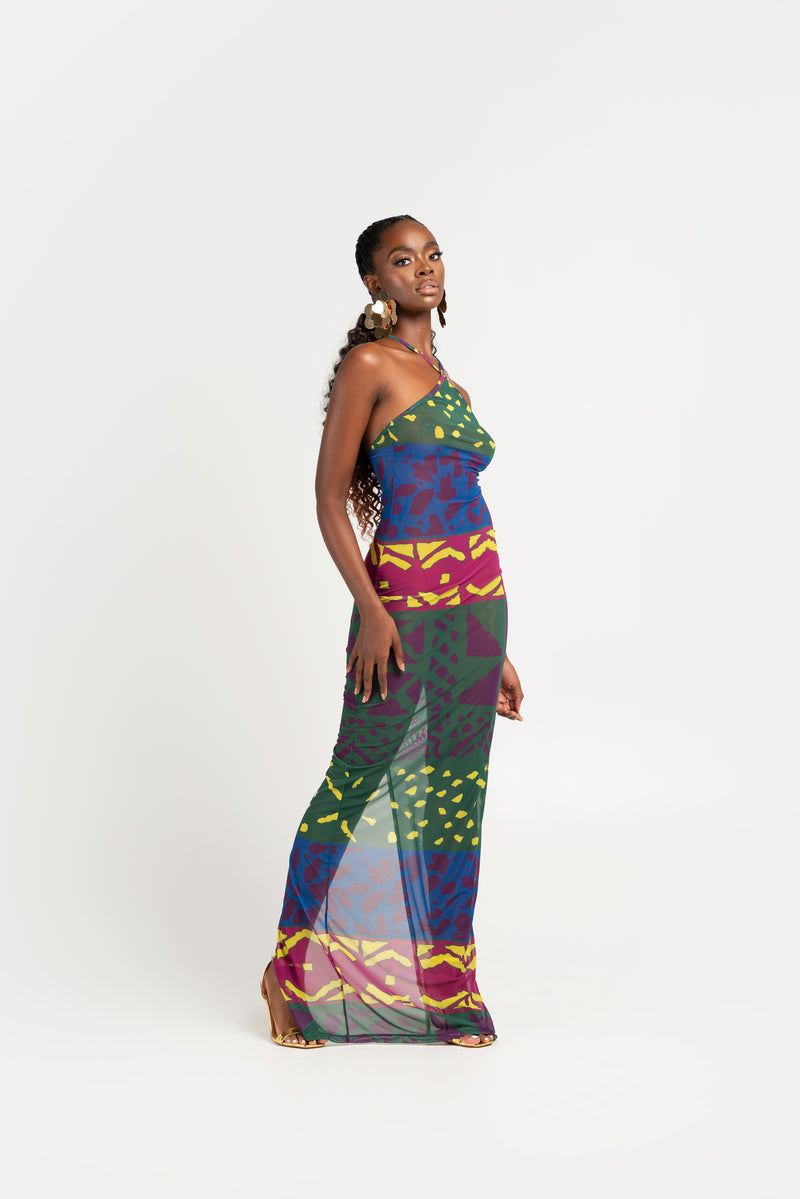 ANU GREEN HALTER MAXI MESH DRESS