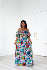 DUNSI African print Smocked Puffy Sleeve Maxi Dress
