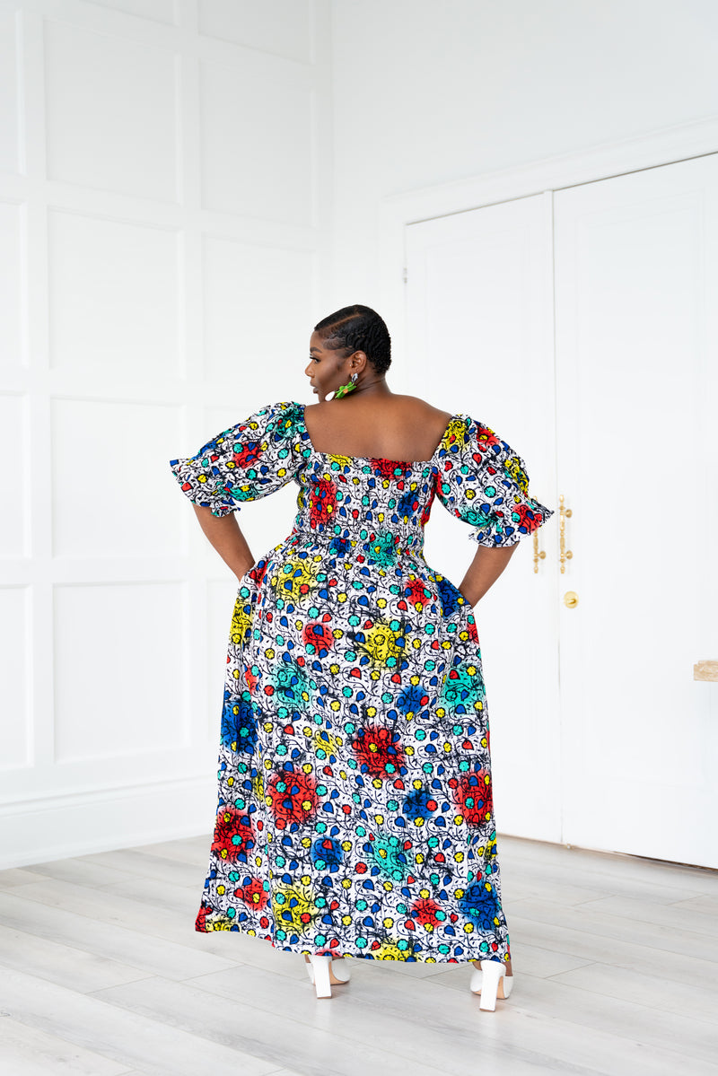DUNSI African print Smocked Puffy Sleeve Maxi Dress